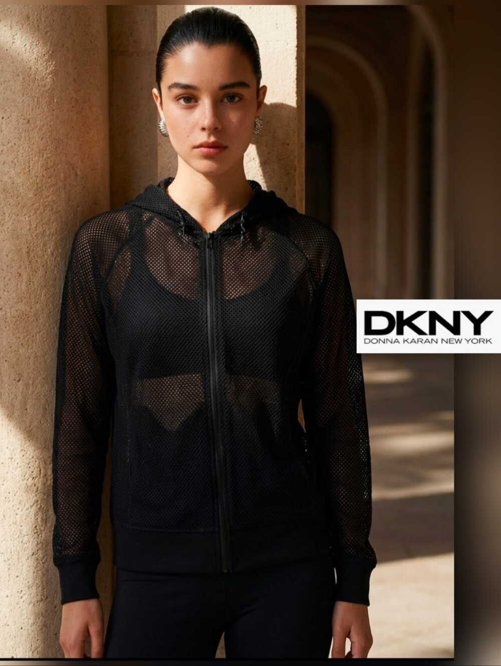 Dkny Black Mesh Zip-Up Hoodie Jacket